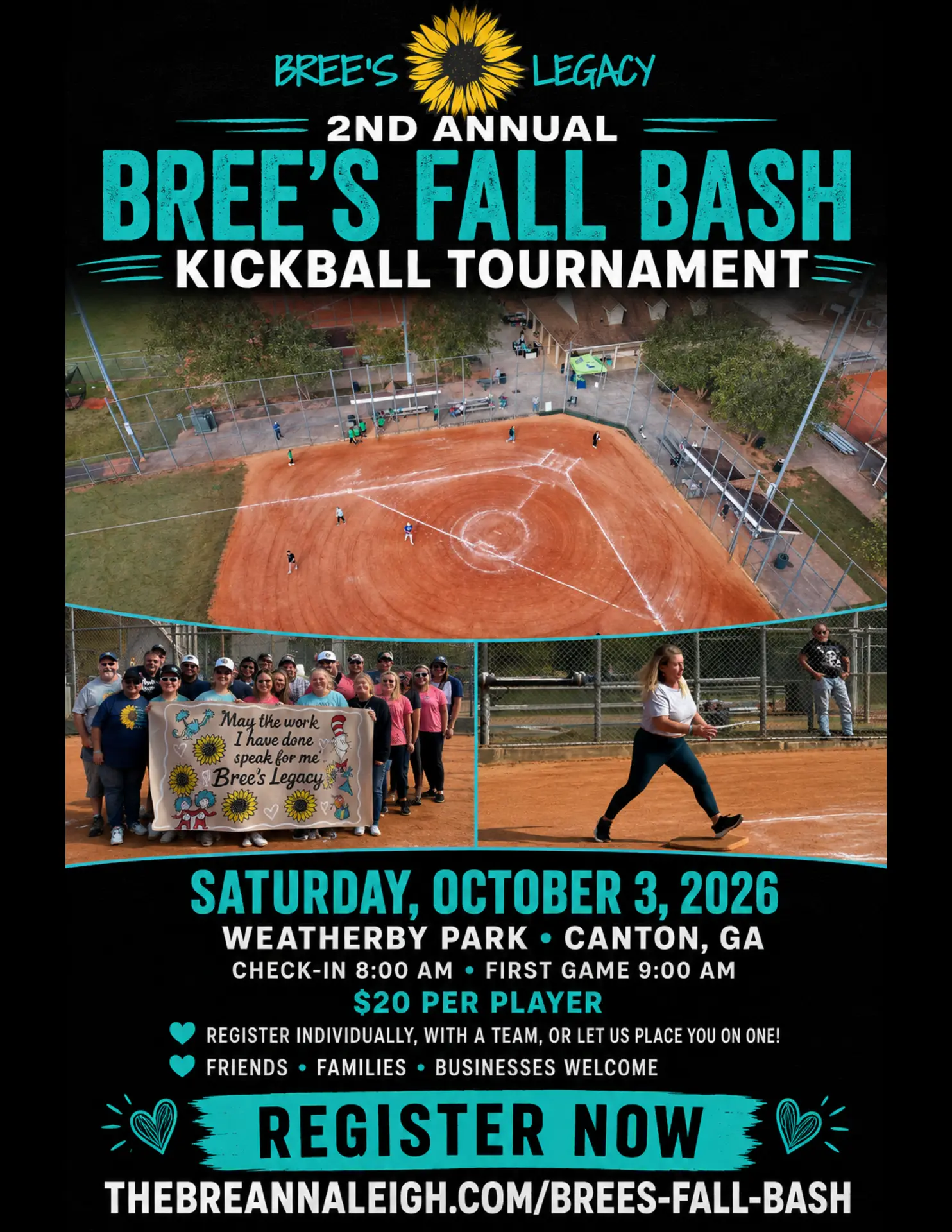 2nd Annual Bree's Fall Bash Kickball Tournament flyer — Saturday, October 3, 2026 at Weatherby Park, Canton, GA. Check-in 8:00 AM, first game 9:00 AM, $20 per player.