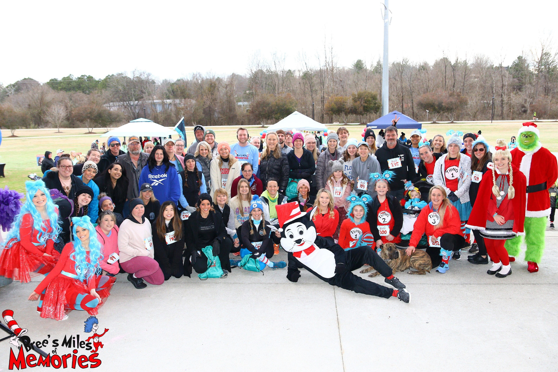 Large group photo at Bree's Miles of Memories 5K with costumed characters and participants