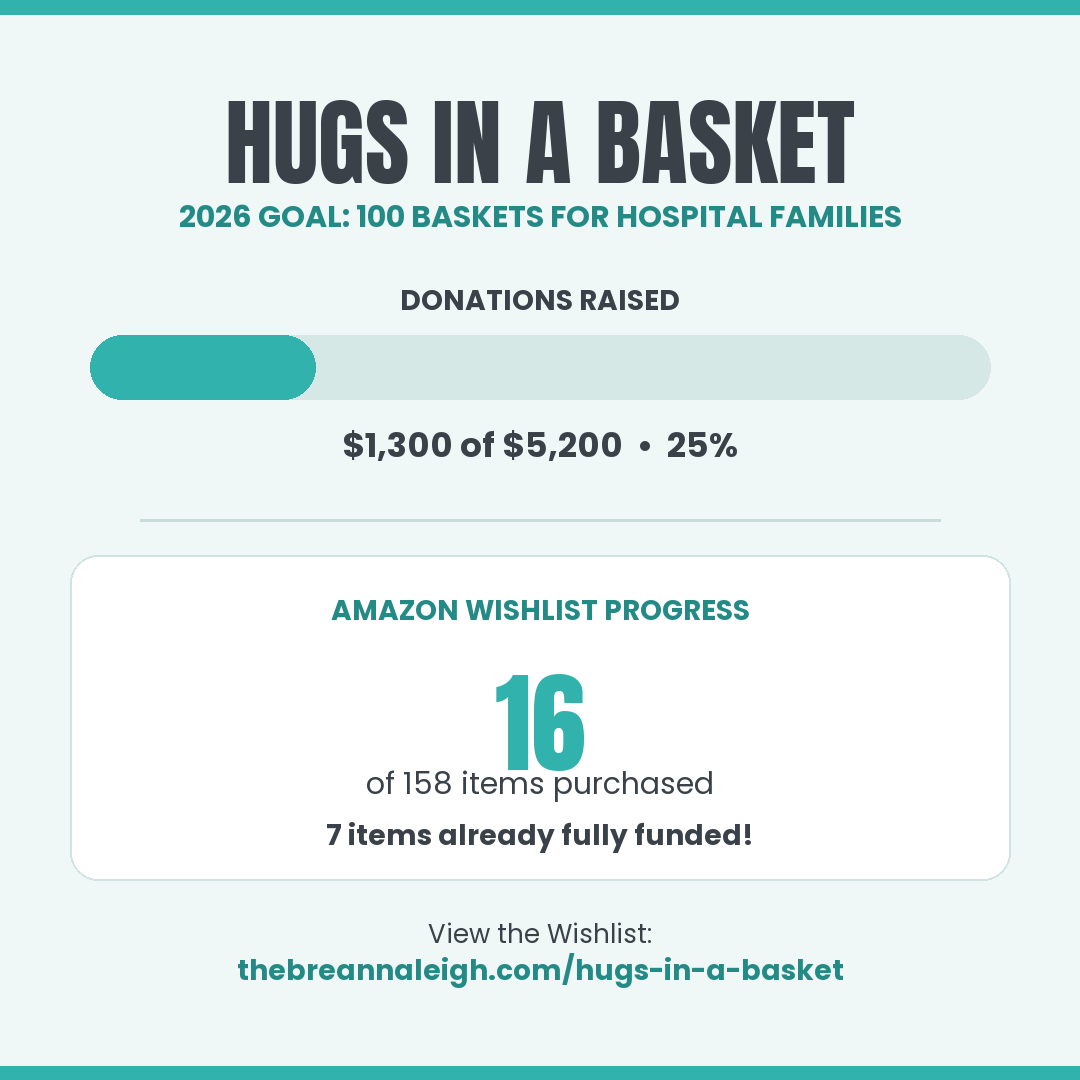 Hugs in a Basket 2026 progress: $1,300 of $5,200 raised, and 16 of 158 wishlist items purchased